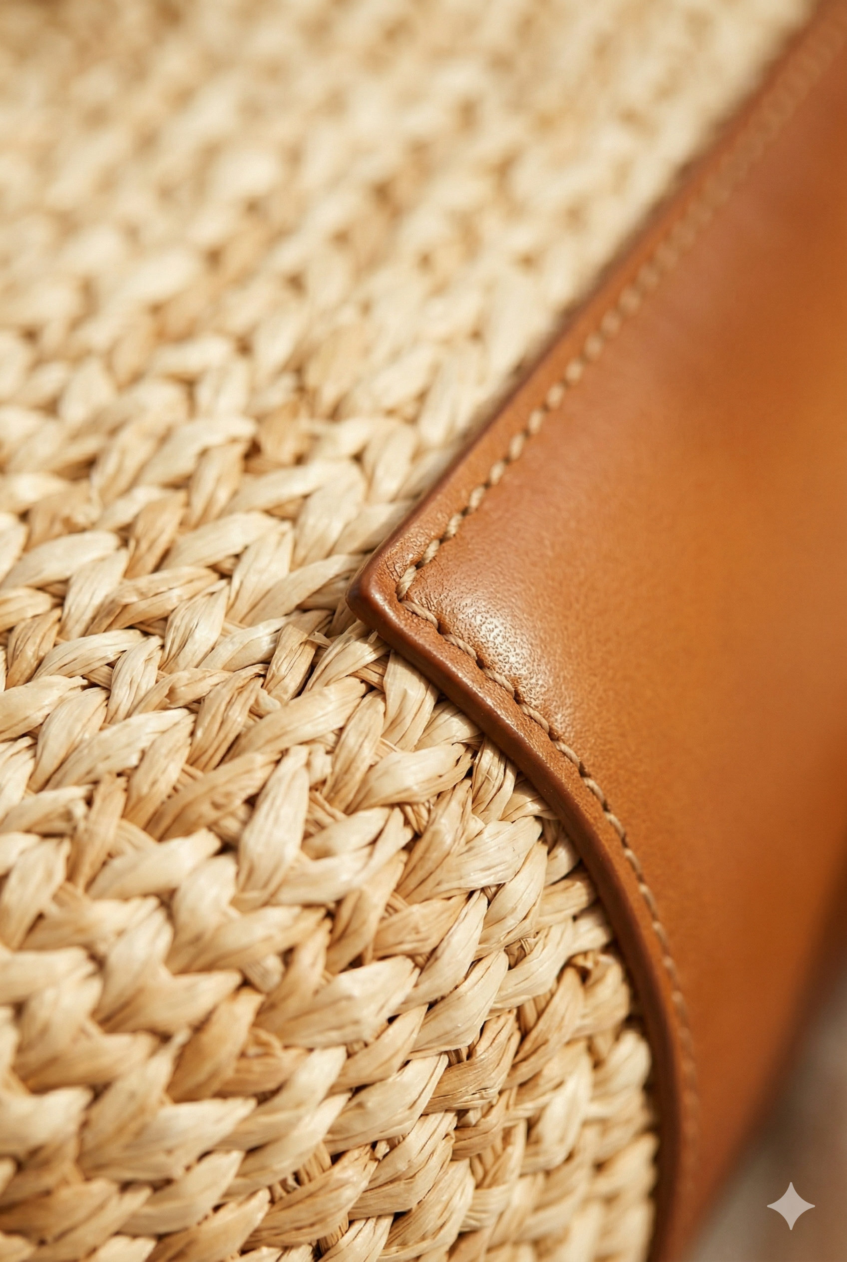 Loewe Basket Bag Detail — handgeflochtenes Raffia und Leder-Trim in Nahaufnahme