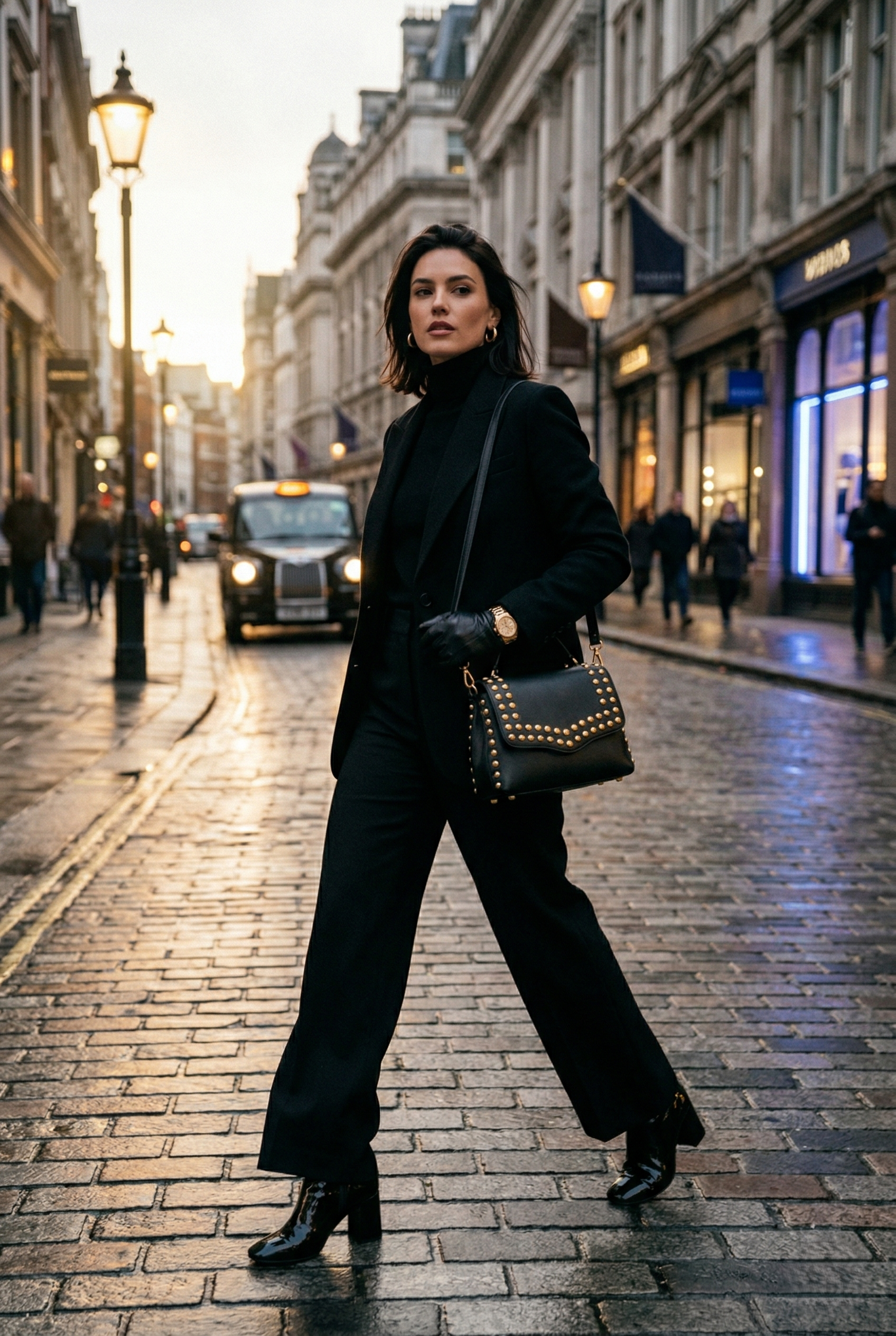 Valentino Rockstud Tasche im Alltags-Styling — dramatischer Luxus-Look